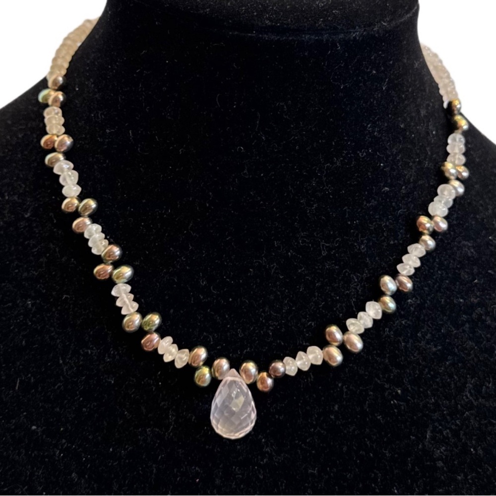 925 Sterling Silver Black Pearls with Large Faceted Rose Quartz Drop Necklace